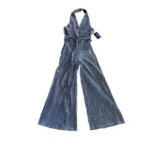 Alexa B Nites NWT Silver Plunge Halter Wide Leg Jumpsuit  Women's 10 NYE Party